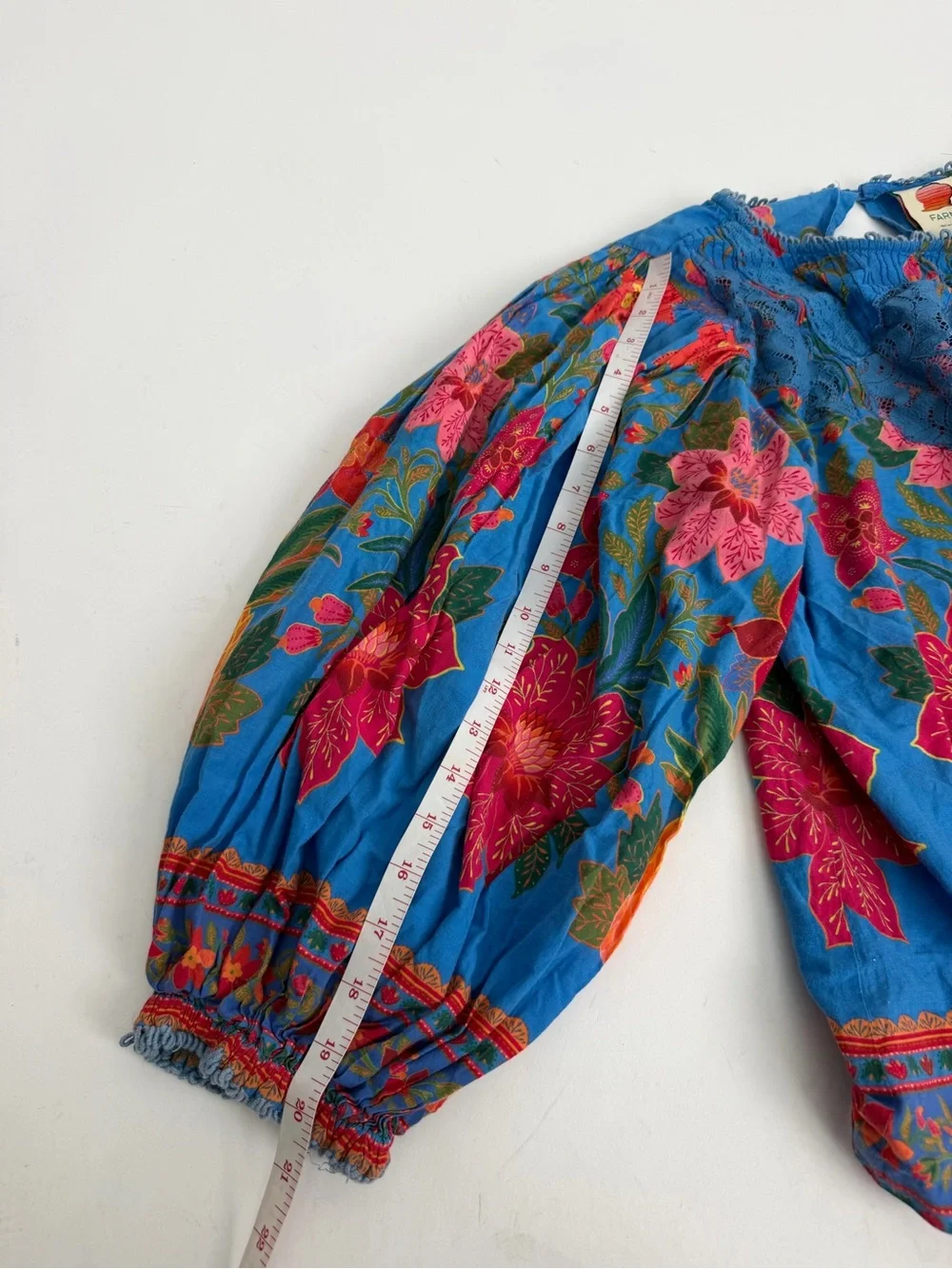 farm rio blue floral Blouse Bubble Sleeve With Tassels Tropical Island Beach